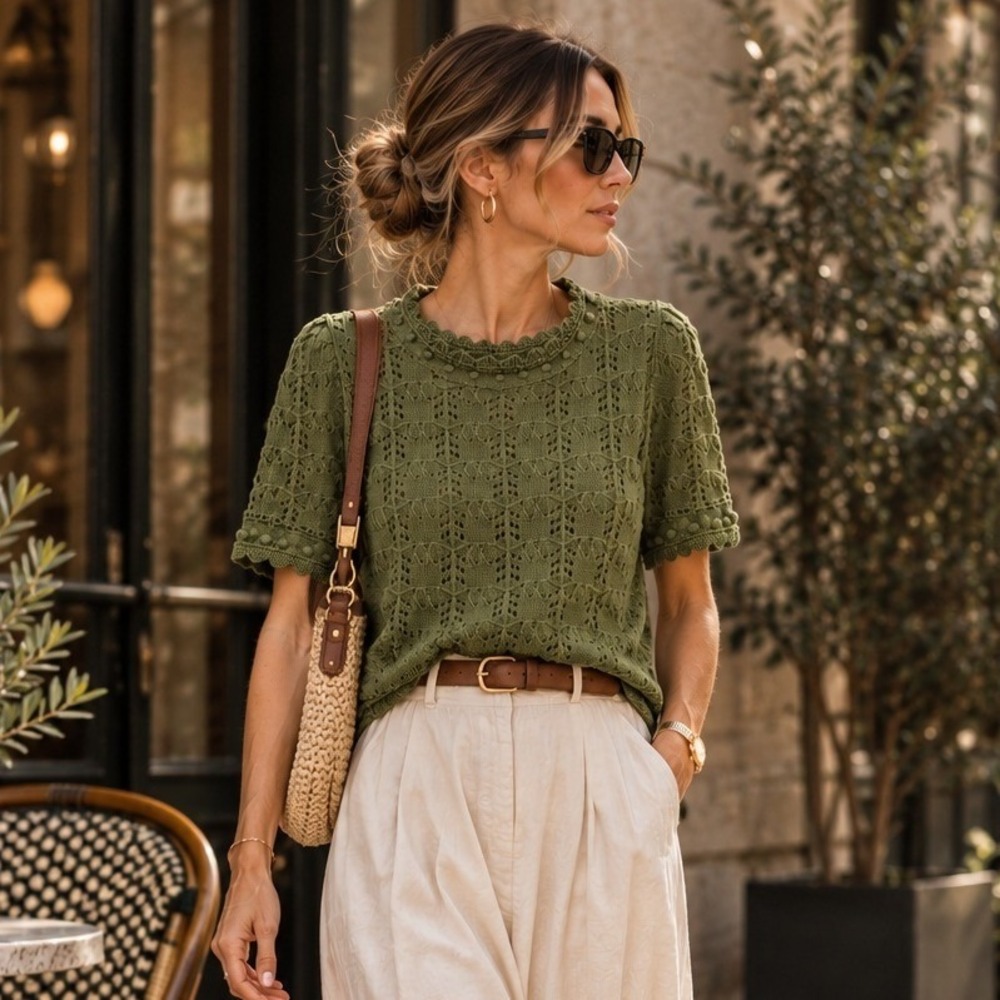 Anthropologie Olive Green Crochet Knit Short Sleeve Bobble Trim Top L